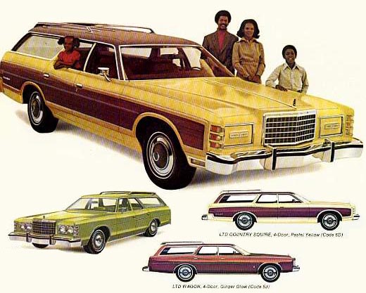Коллаж Ford LTD Country Squire и Ford LTD Wagon из проспекта фирмы 1975 года